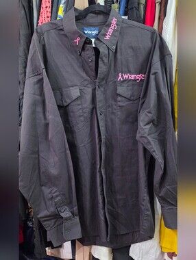 Wrangler Black Long Sleeve Button-Down Shirt with Breast Cancer Pink Embroidery